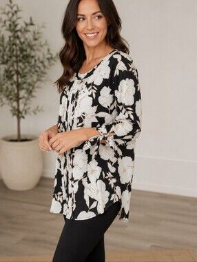 Karl Lagerfeld Tie Cuffs Feminine Floral Black/Pale Peach Tunic Top NWOT Sz XL